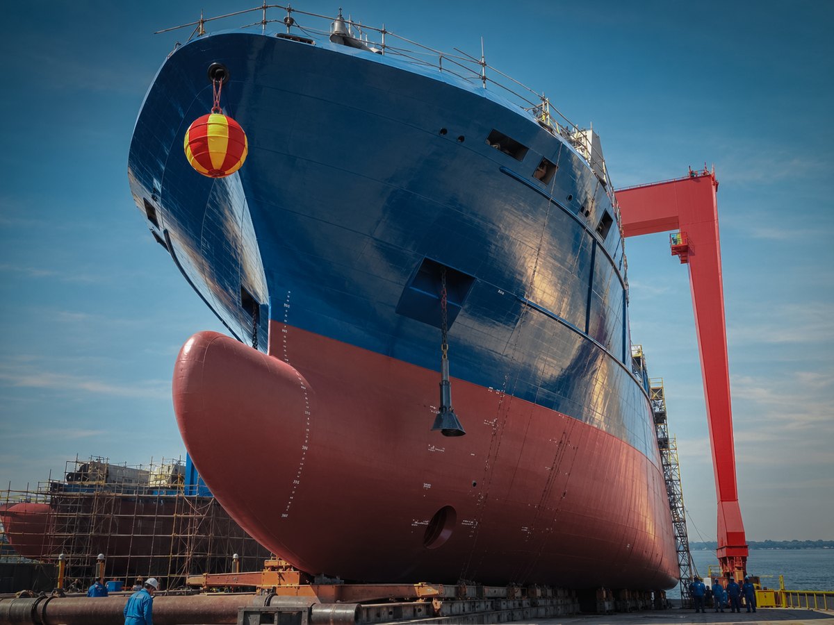 One of the operator’s multipurpose offshore vessels in dry dock at the shipyard: a dark blue hull above a red-brown lower hull and bulbous bow, with a red gantry crane and workers in blue overalls alongside